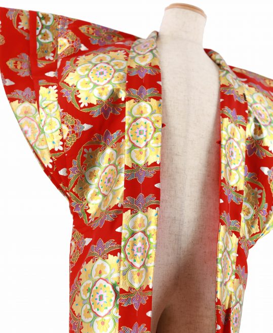 紋付袴レンタル・成人式・結婚式・卒業式【陣羽織】朱赤　金箔の華文、アラベスク模様